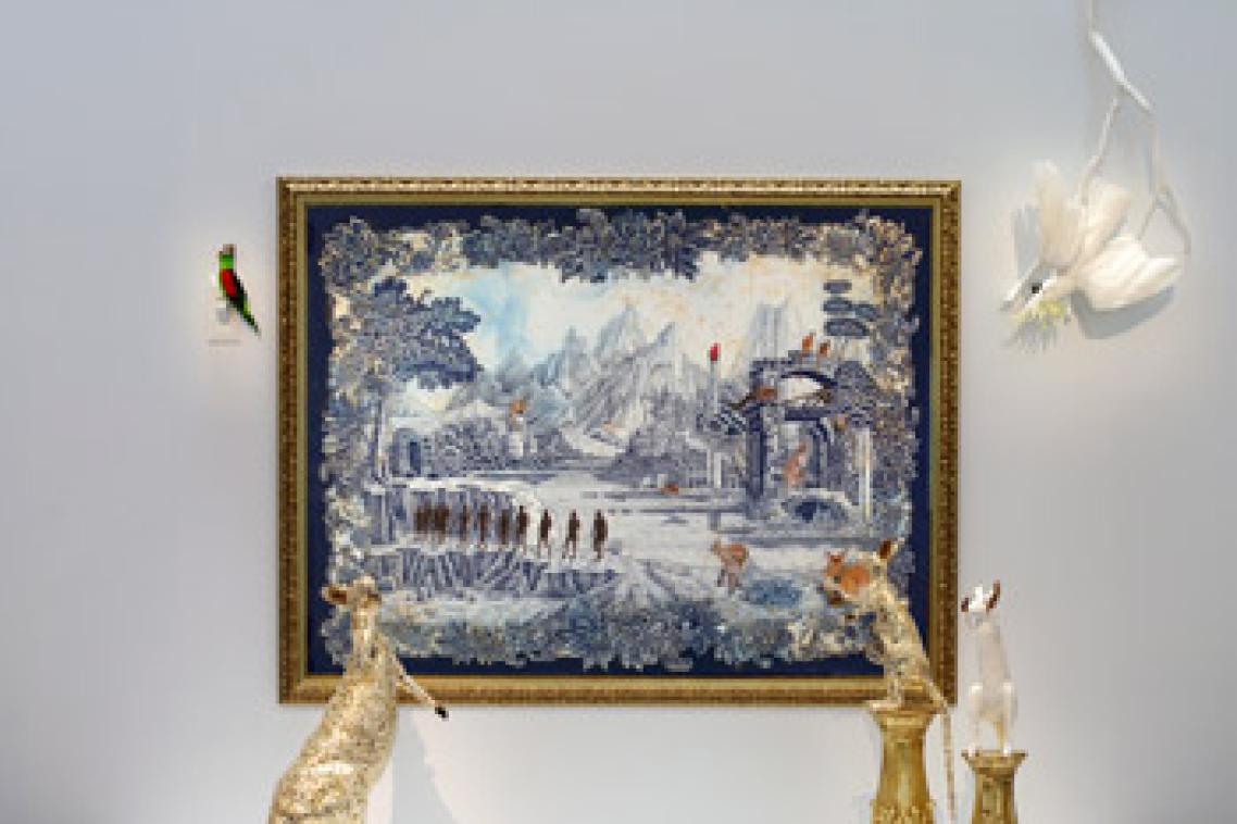 Exotic lies and sacred ties (the heart that conceals, the tongue that never reveals) 2008installation: pastel, pencil, glitter, Swarovski crystal and wash on paper, framed, with mosaic china, taxidermy and painted wood 325 x 325 x 130 cm variableCollection of The University of Queensland, purchased 2009