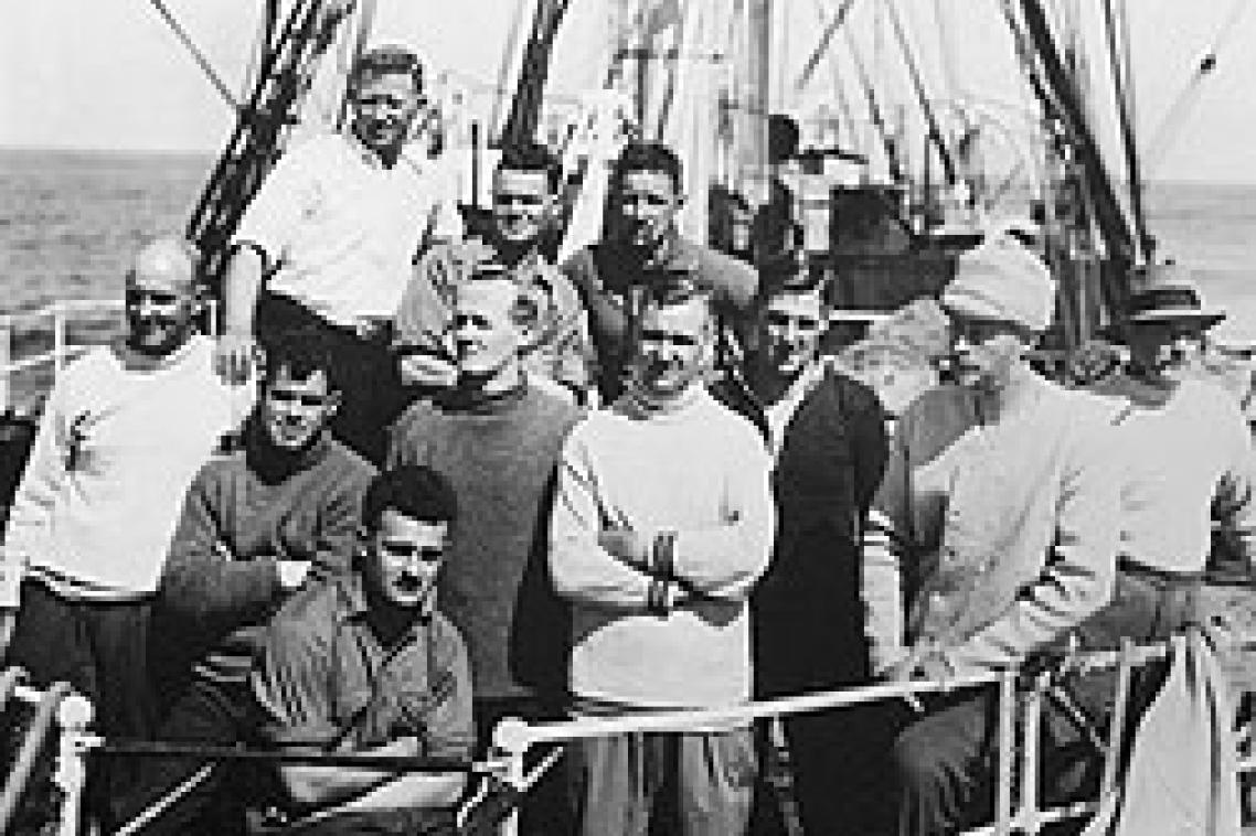 Dr Alf Howard (front, foreground) and members of the 1929-31 Mawson expedition to Antarctica. Sir Douglas Mawson is pictured front right, in a light-coloured cap.