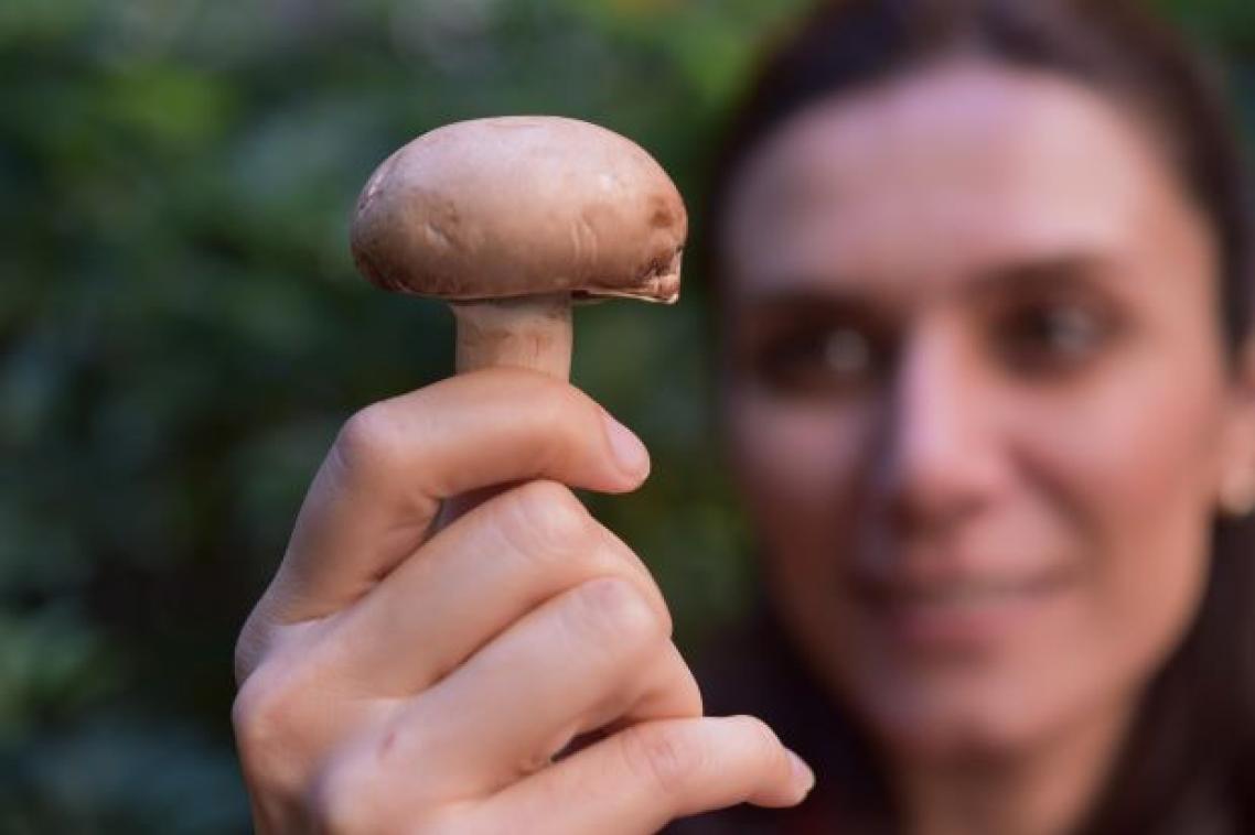 A woman, who's face is out of focus, holds a mushroom head towards the camera