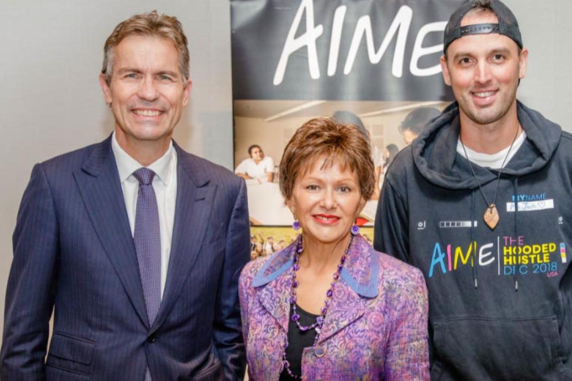 Vice-Chancellor Professor Peter Høj, Professor Bronwyn Fredericks and Jack Manning Bancroft at the event welcoming AIME to UQ.