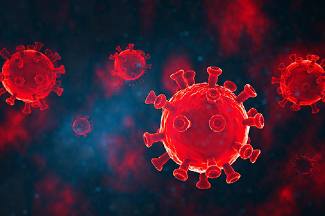 A red and blue graphic depiction of virus