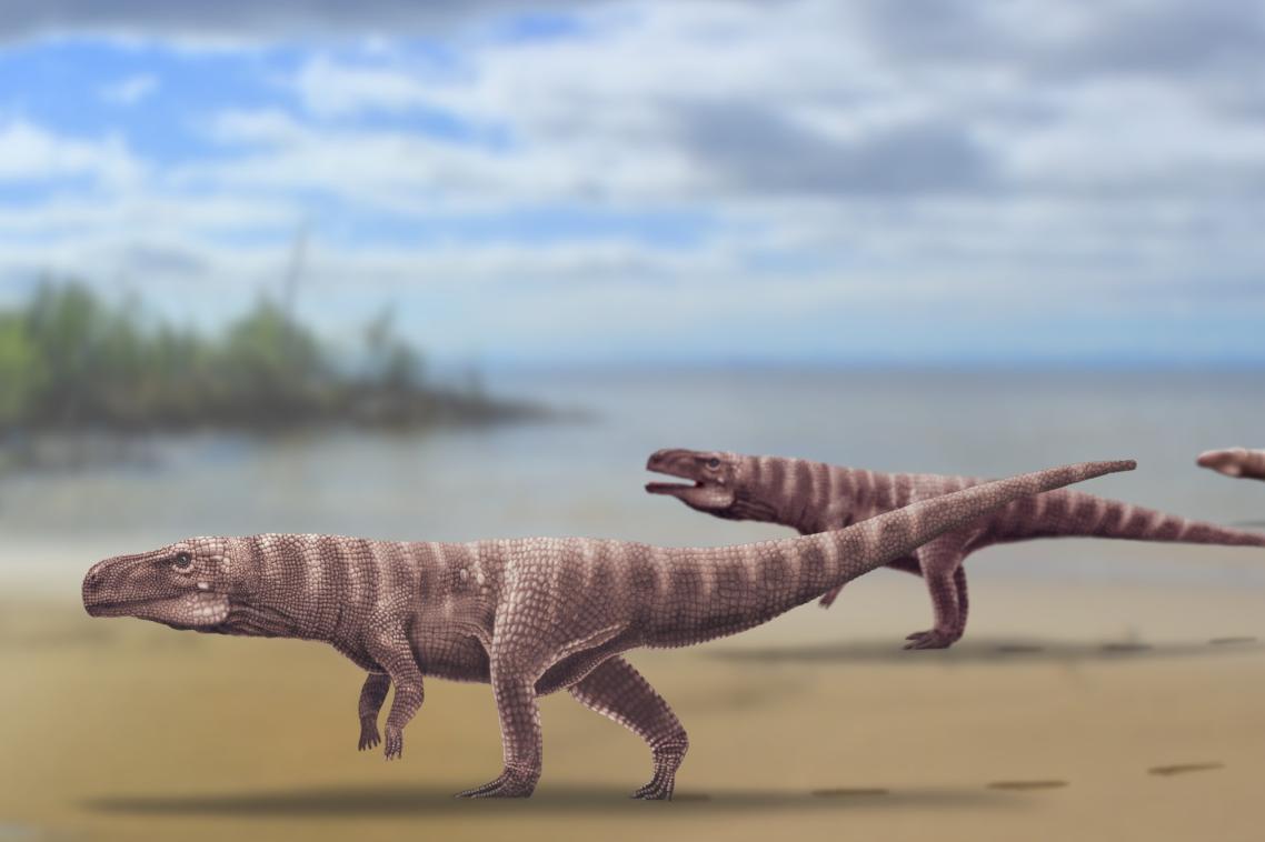An illustration of an ancient landscape with walking crocodiles.