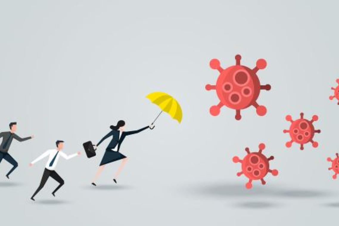 Artistic drawing of woman running towards Covid-19 molecules ahead of two men. Adobe.