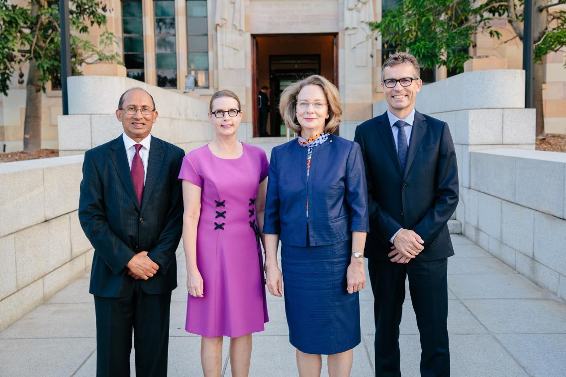 UQ Chancellor Peter Varghese AO, Professor Sarah Derrington (Dean of Law and Head of TC Beirne School of Law), The Honourable Susan Kiefel AC, Chief Justice of the High Court of Australia, UQ Vice-Chancellor and President Professor Peter Høj. 