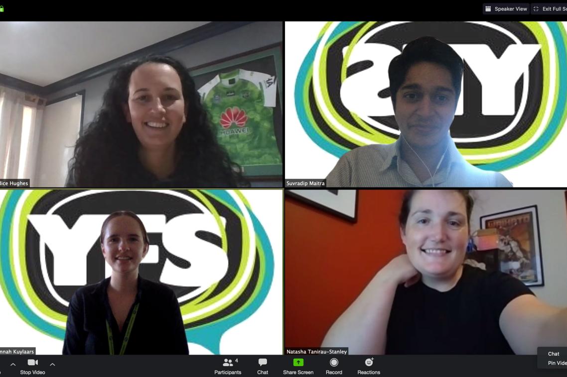 Zoom screen shot of screen divided in four with students and supervisors