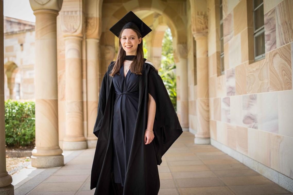 Sarah Copley in the cloisters of UQ's Great Court