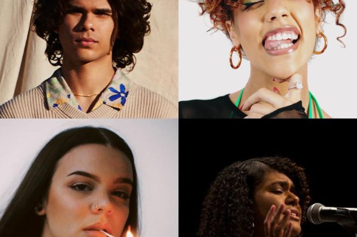 A picture separated into four equal sections showing headshots of First Nations musical artists.