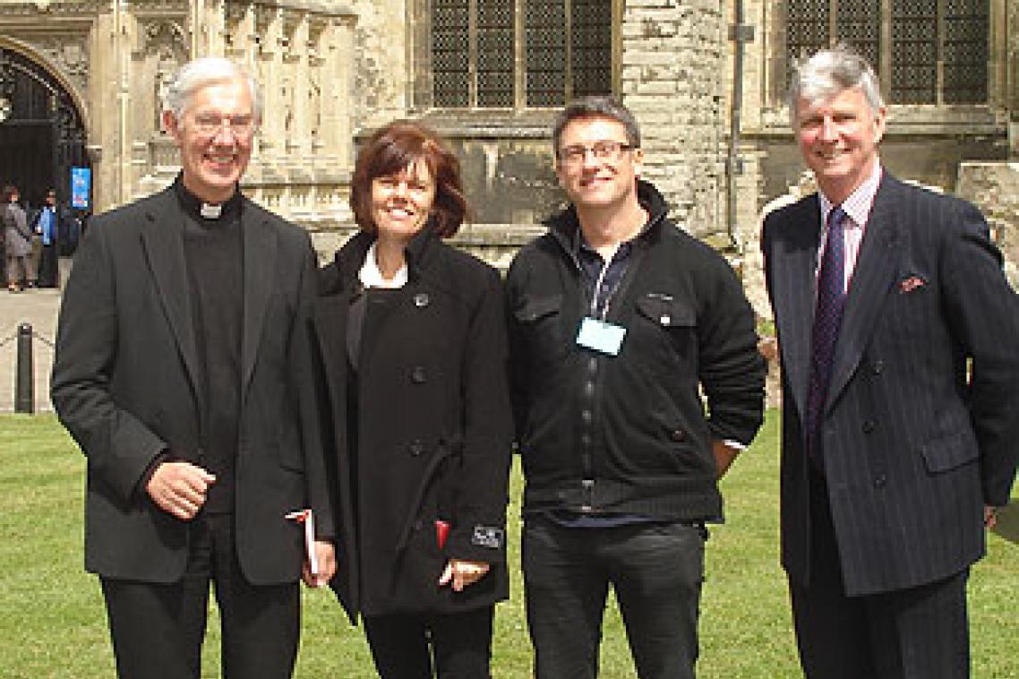 UQ researchers Dr Karen Hughes and Nigel Bond with Dr Robert Willis (left) and receiver general Brigadier John Meardon (right) at Canterbury Cathedral