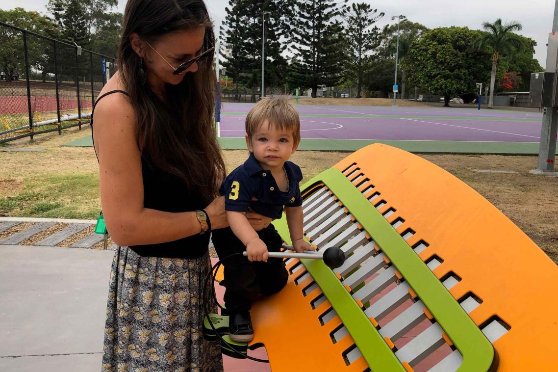 Cartier, 1, of Bowen Hills and his mum Jhulan tried out the xylophone today ahead of the fun community morning 8-10am on Saturday.
