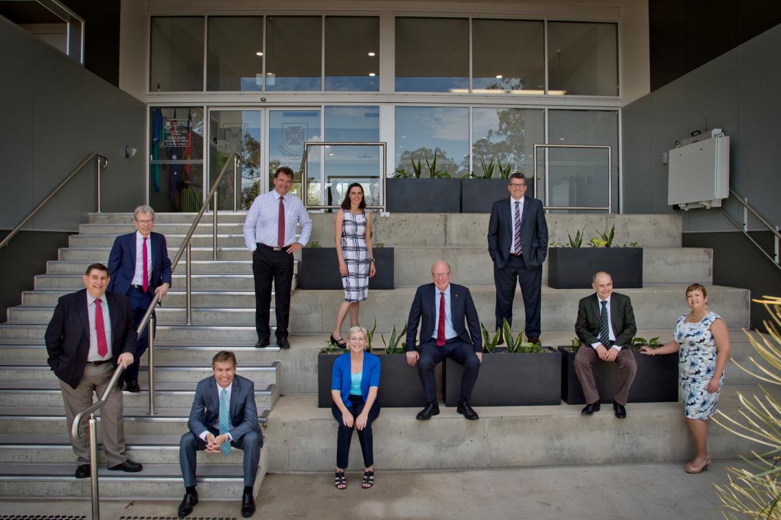 Caption (back, from left): Professor Nicholas Fisk, Mr Stephen Bennett MP, Dr Vanessa Greig, Mr Keith Pitt MP, (front, from left) Councillor Mal Forman, Professor Peter Høj, Ms Leanne Donaldson MP, Mr John Story AO, Professor Darrell Crawford Associate Professor Riitta Partanen. Full titles in body of article.