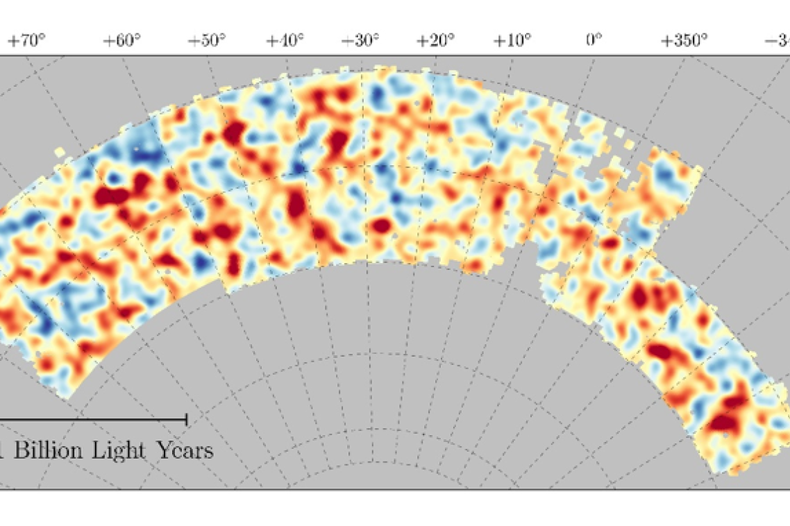 Map of dark matter made from gravitational lensing measurements of 26 million galaxies in the Dark Energy Survey. 