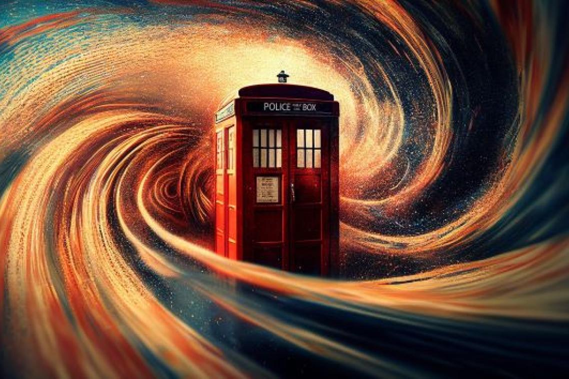 A graphic of Doctor Who's tardis surrounded by swirling red and yellow light rays.