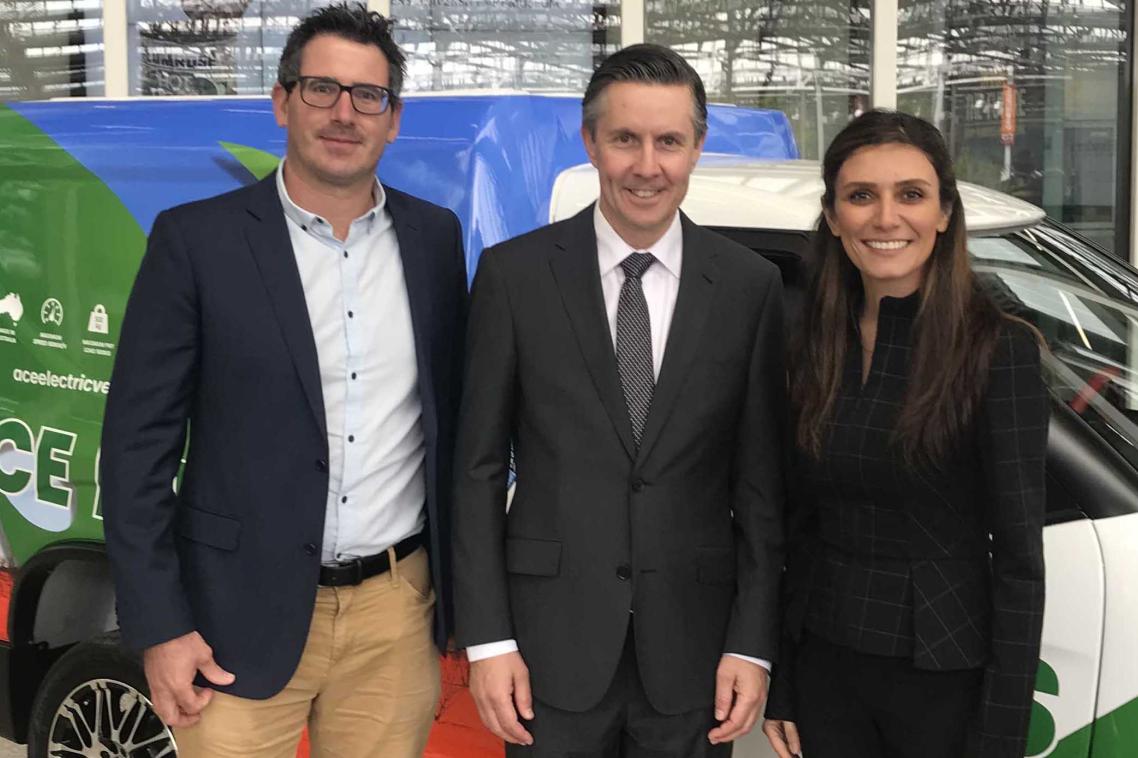 From left, UQ's Dr Michael Heitzmann, Mark Butler MP, and UQ's Dr Nasim Amiralian with the ACE-EV electric van.