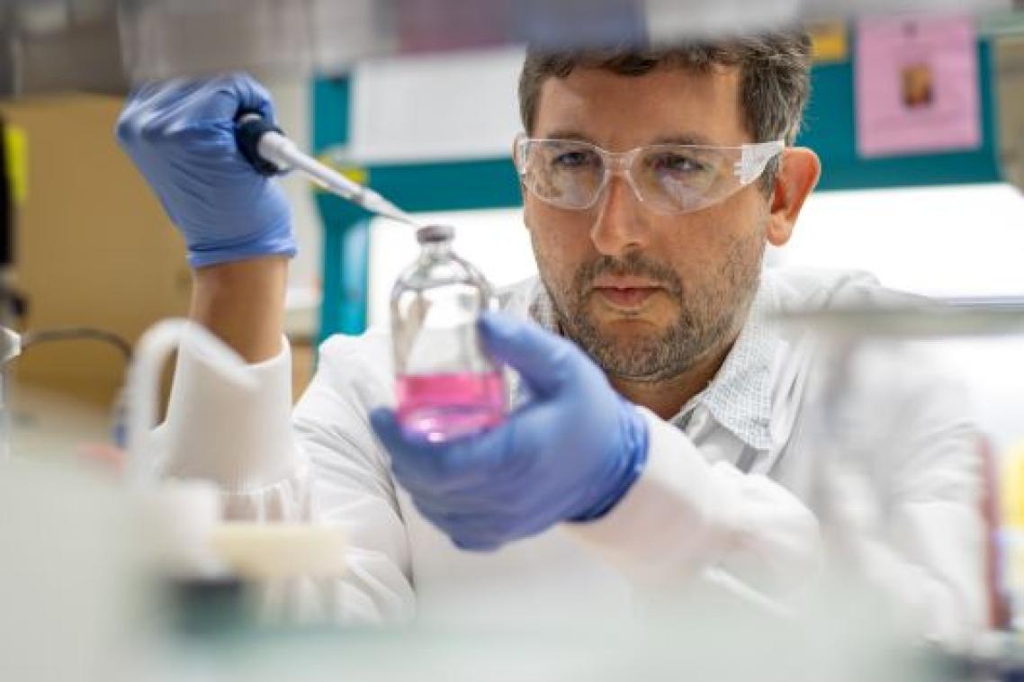 Researcher pipetting liquid in a lab