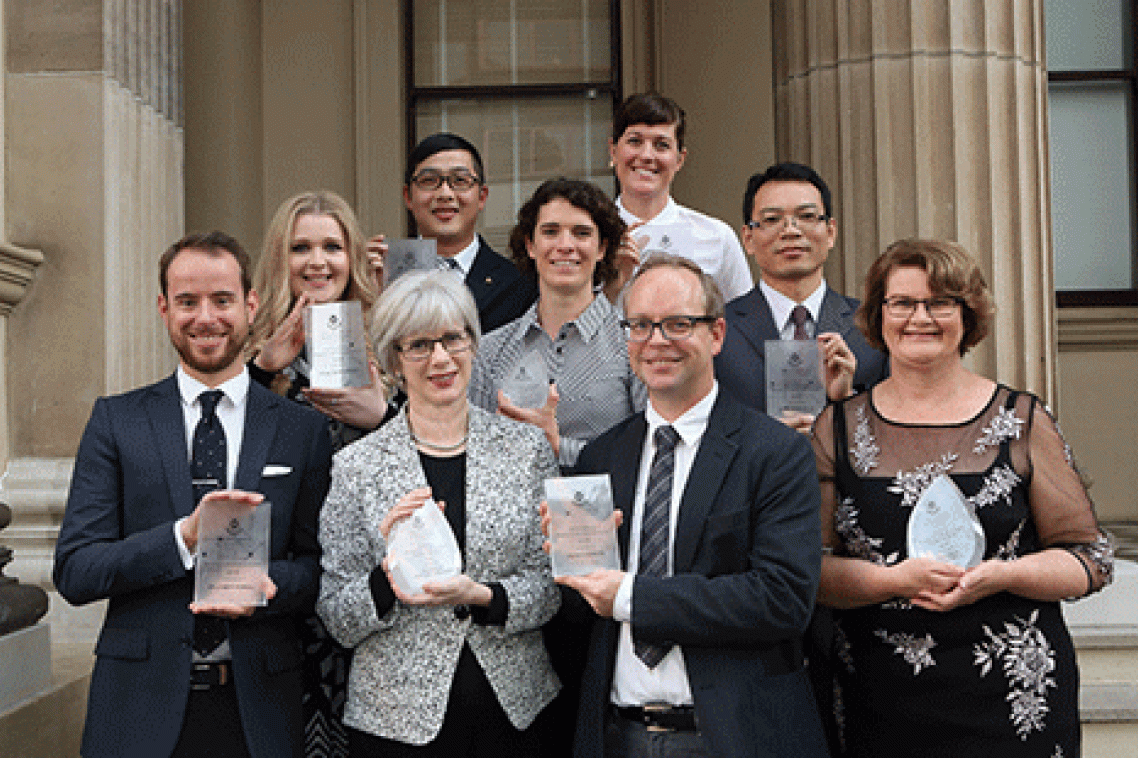 L to R: Joseph Powell, Penelope Sanderson, Ian Hesketh, Linda Worrall, Elizabeth Worrall on behalf of Alice Hayward, Danielle Shanahan on behalf of Richard Fuller, Zhongfan Jia, Bing-Jie Ni, Eve McDonald-Madden