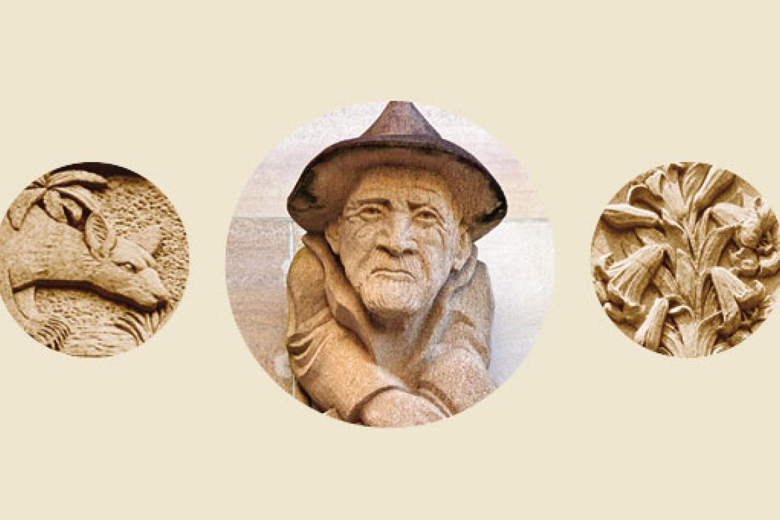 Great Court carvings ... agile wallaby frieze; UQ sculptor John Muller; and November lily roundel.