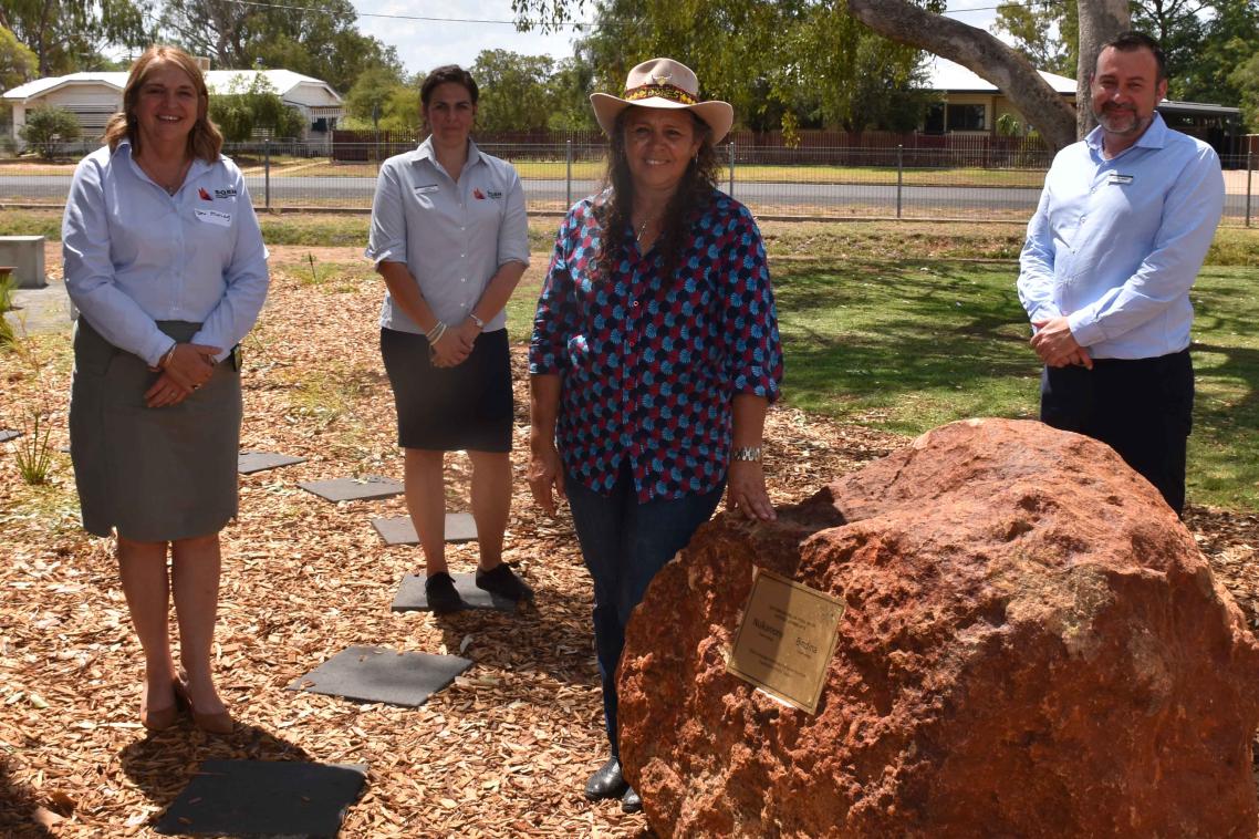 From left: SQRH Interprofessional Practice Co-ordinator Toni Murray, administration officer Jane White, Bidjara Elder Keelen Mailman and SQRH Director Associate Professor Geoff Argus in the outdoor education area and yarning circle. SQRH image.