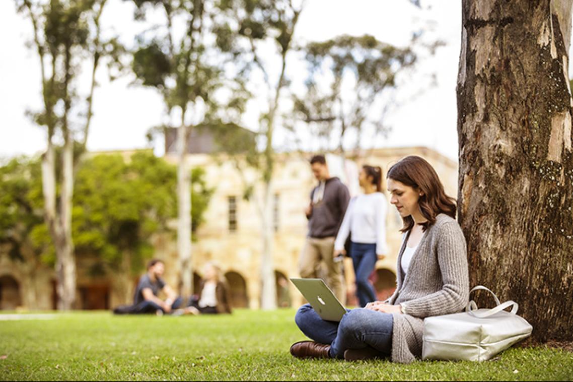 A woman sitting under a tree with a laptop.
