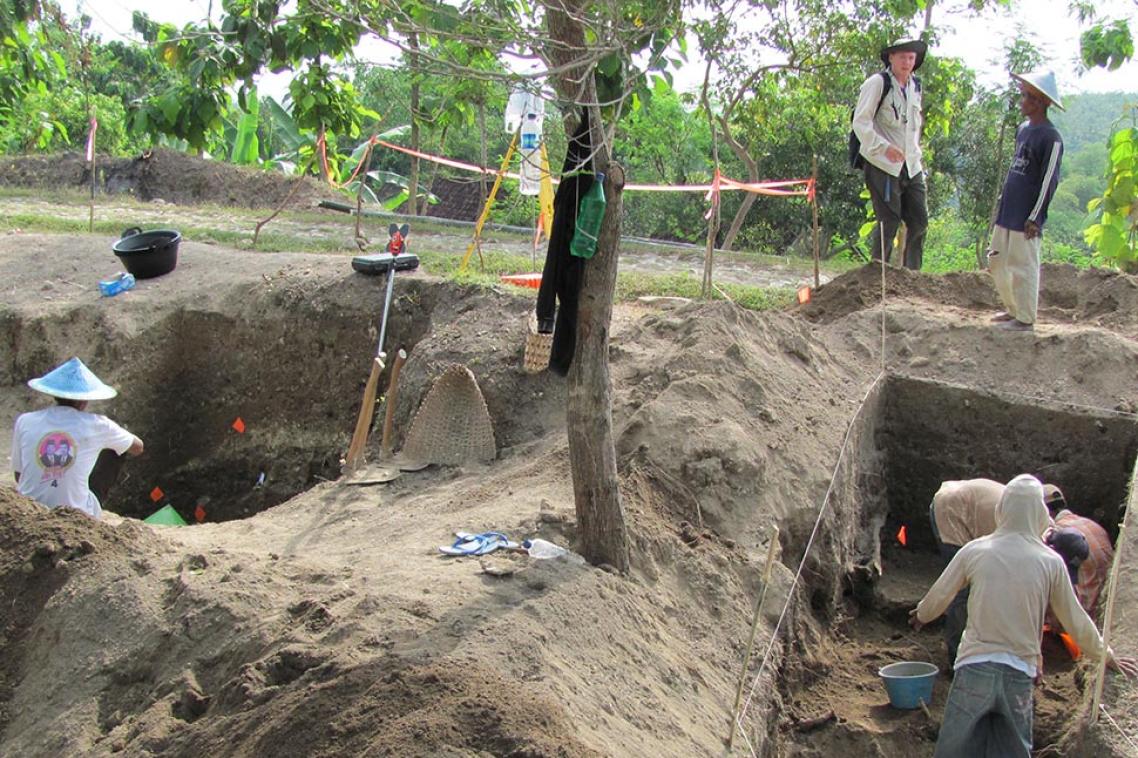 An archaeology site with people in big holes in the ground.