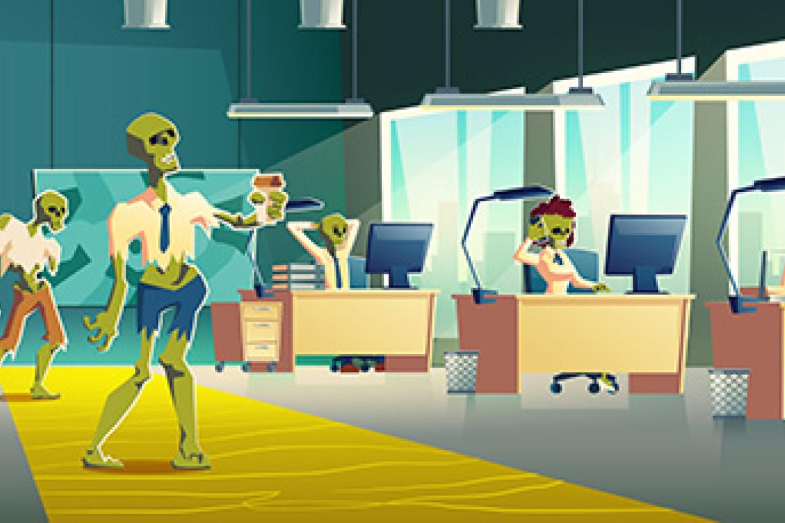 Illustration of exhausted zombie characters working in office. Image, Adobe