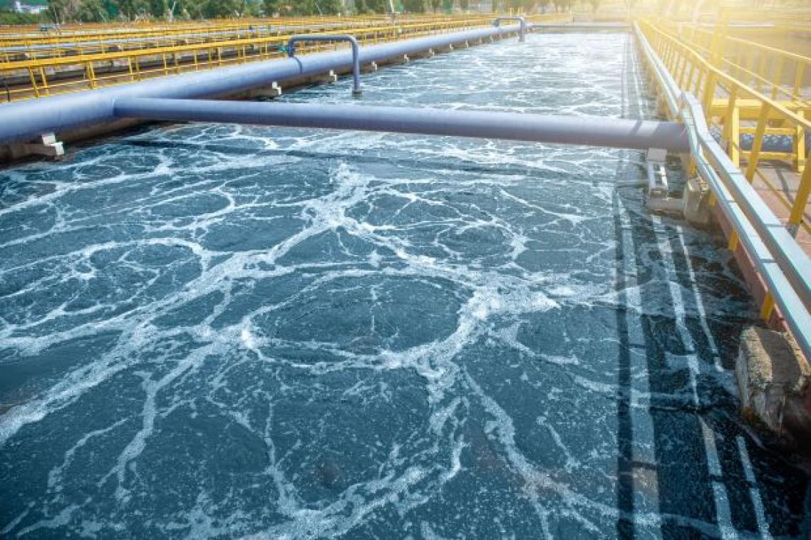 An aerial photo of some water catchment at a wastewater treatment plant.