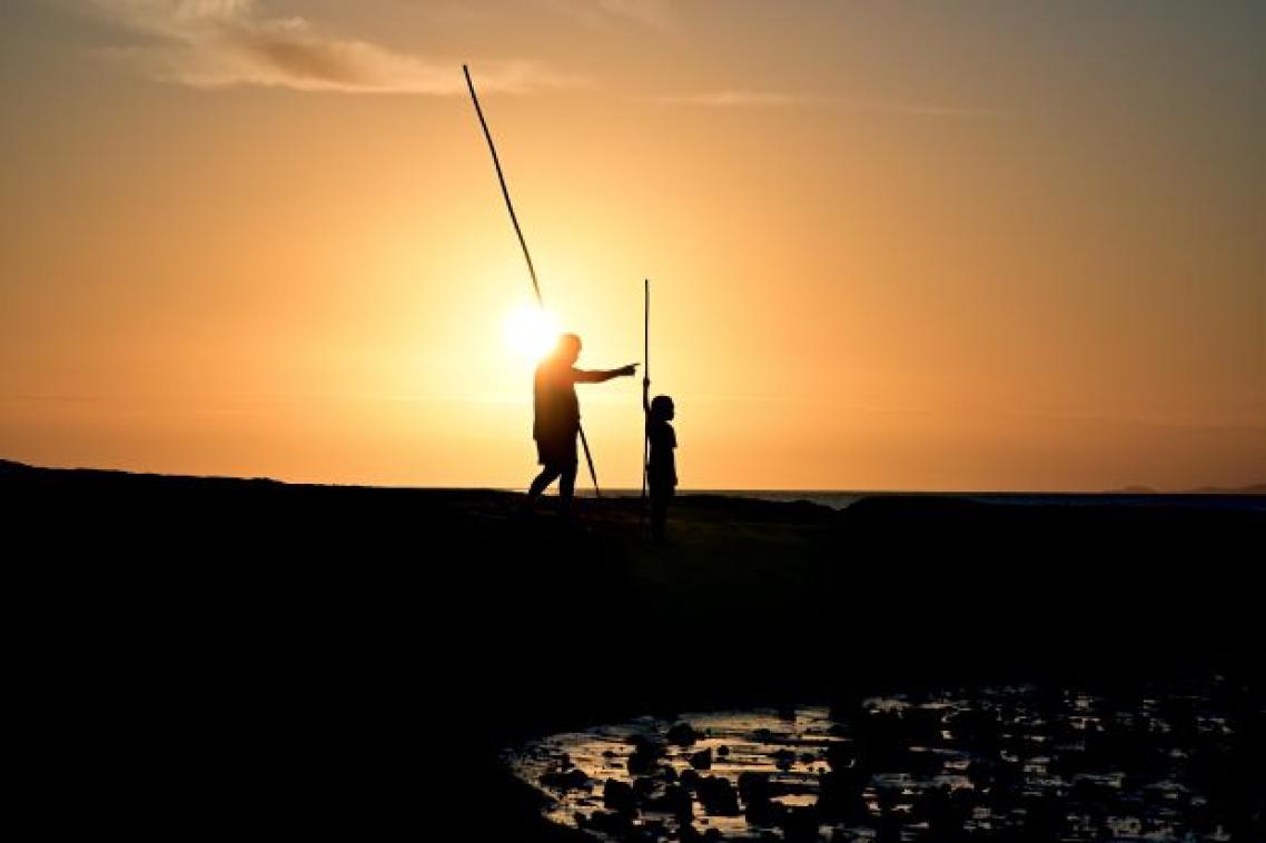Silhouette of two people spear fishing