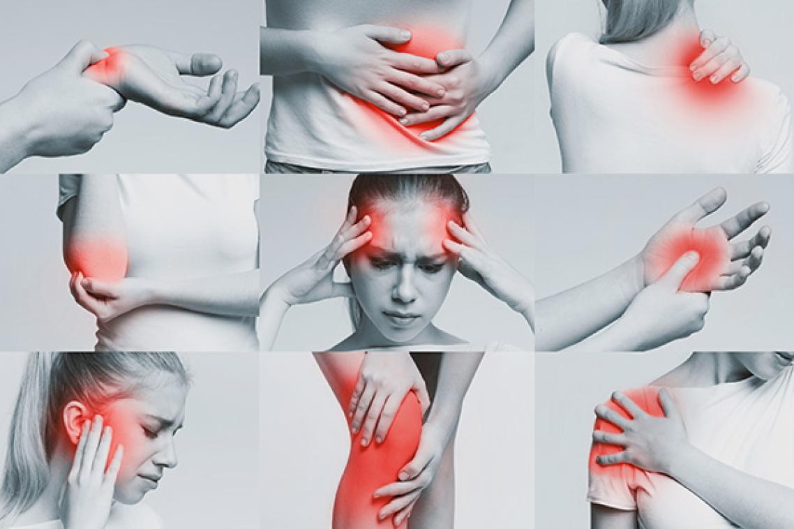 A closeup of a young women in different images clutching various body parts shaded red to indicate pain.