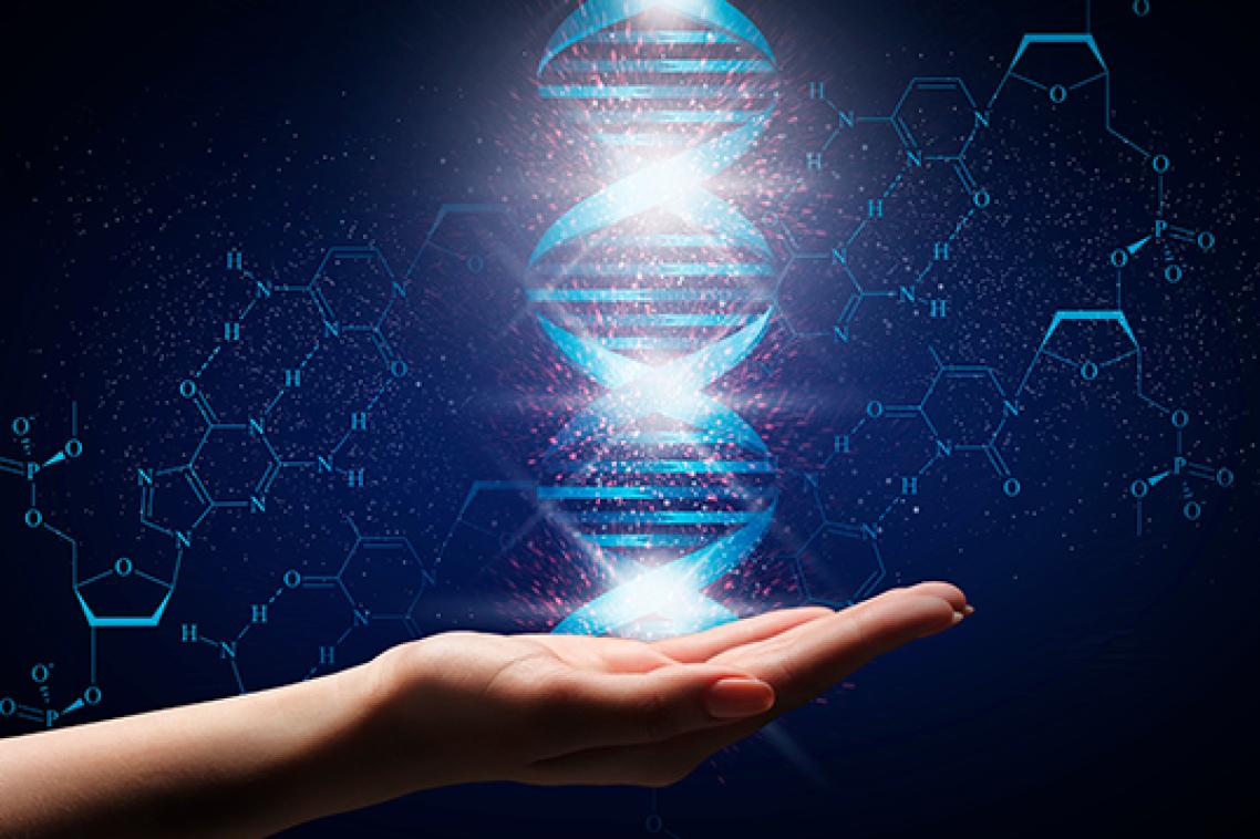 A hand is stretched out, holding a graphic image of a genetic sequence against a dark background.