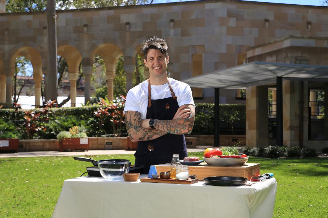 Ben Milbourne filming in The University of Queensland Great Court