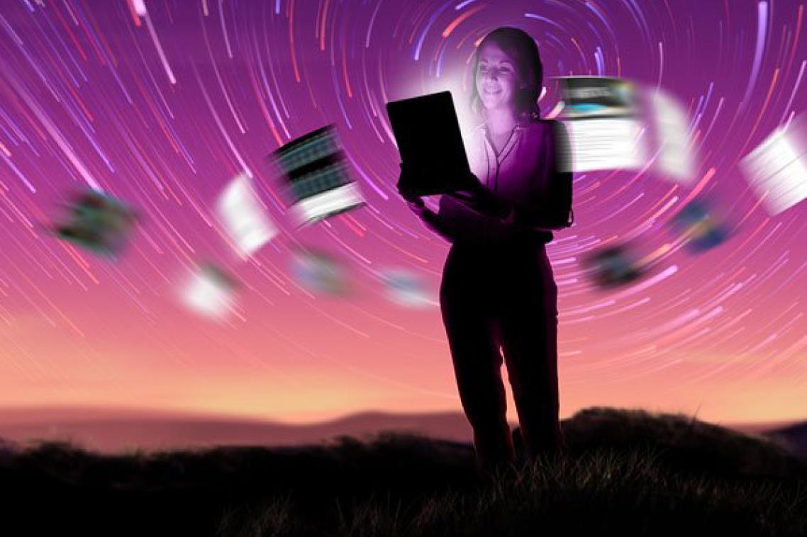 A graphic of a young woman in front of a sunset with swirling pages.