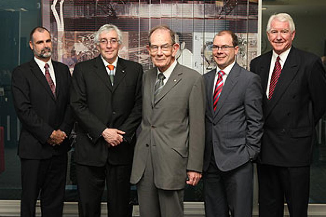 Professor Chris Moran, Vice-Chancellor Professor Paul Greenfield, Emeritus Professor Alban Lynch, Treasurer Andrew Fraser and Dr Geoff Gault at the opening