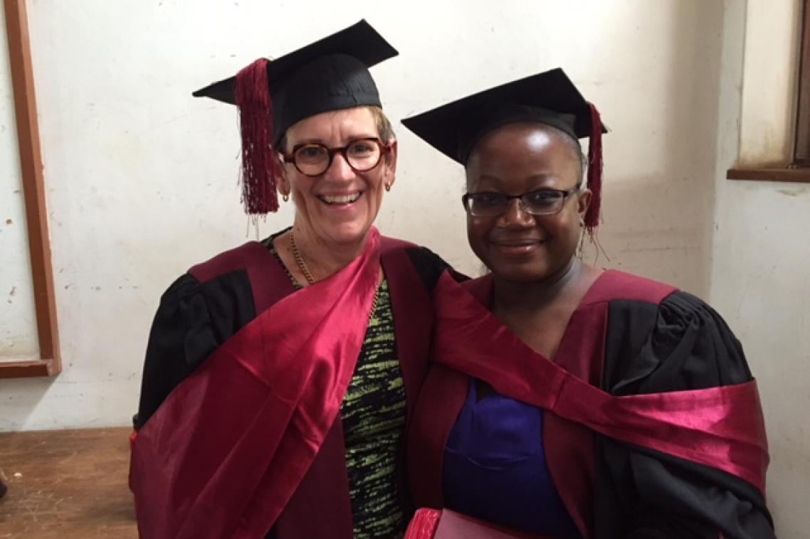 Judy Burrows (left) and Dina Kamowa at the University of Malawi, where they had been invited to take part in an academic procession for graduating students.