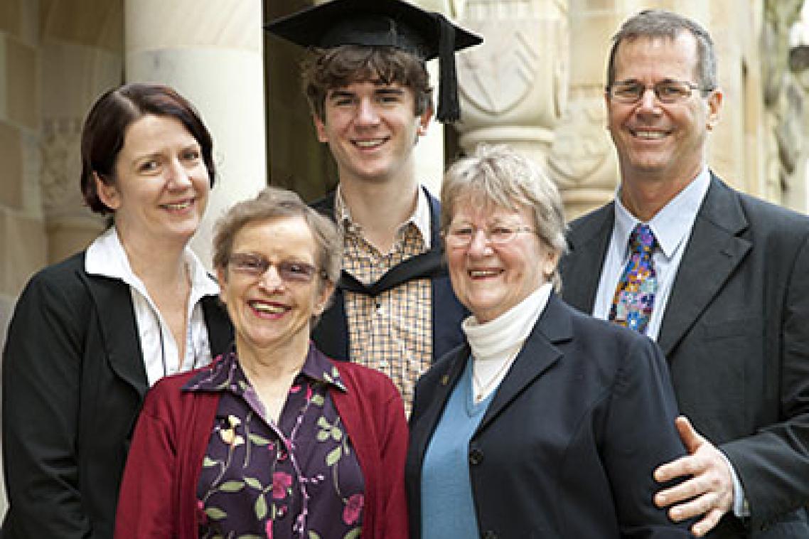 Three generations of UQ graduates: Joshua Keyes-Liley, who received his BA yesterday, with his parents Mary Keyes and William Liley, and grandmothers Lynette Keyes (left) and Margaret Liley.