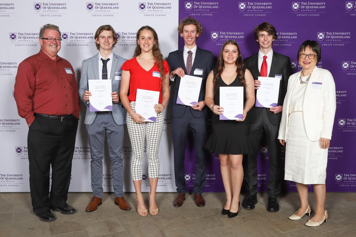 (L-R) Professor Peter Halley, Javan McGuckin, Lilly Van Gilst, Flynn Pearman, Victoria Barnes, James Orman, Professor Vicki Chen.