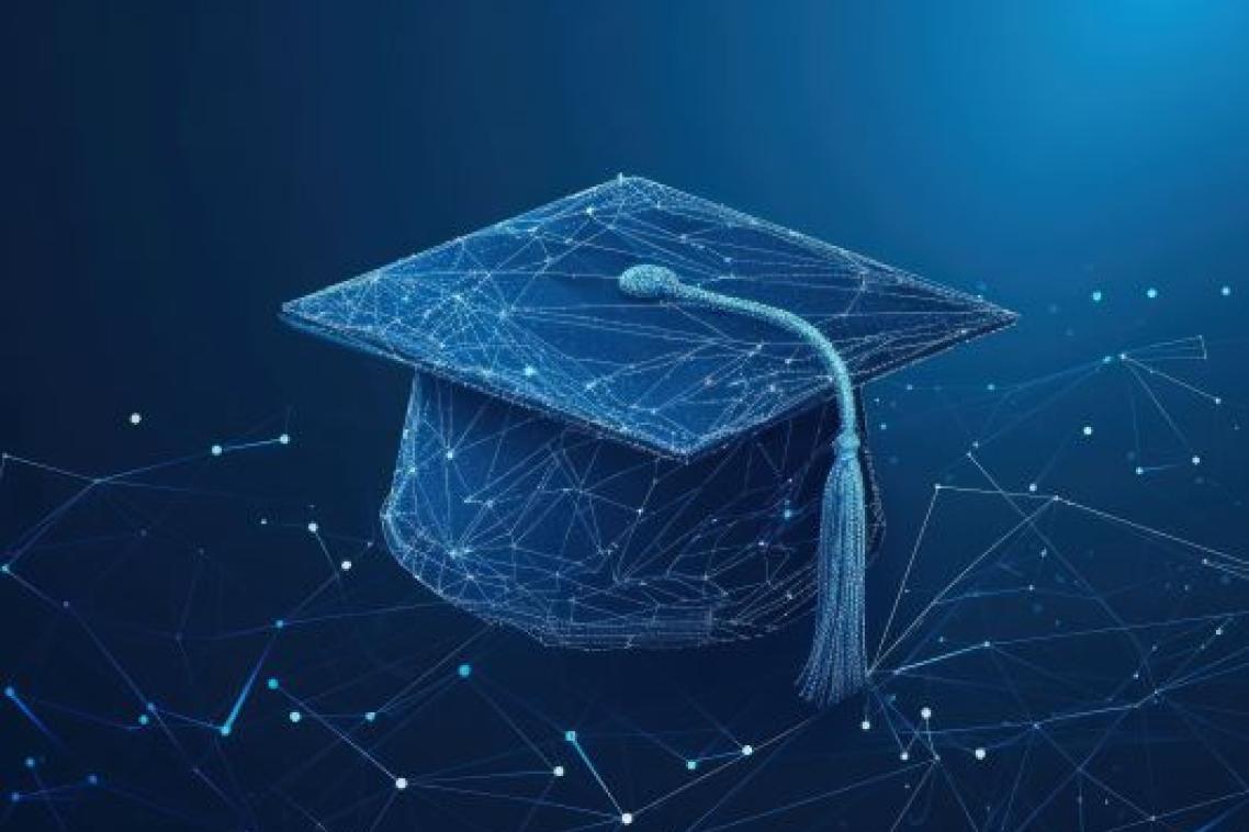 An AI generated image of a graduation cap against a spacey background overlaid with computer 3D points.