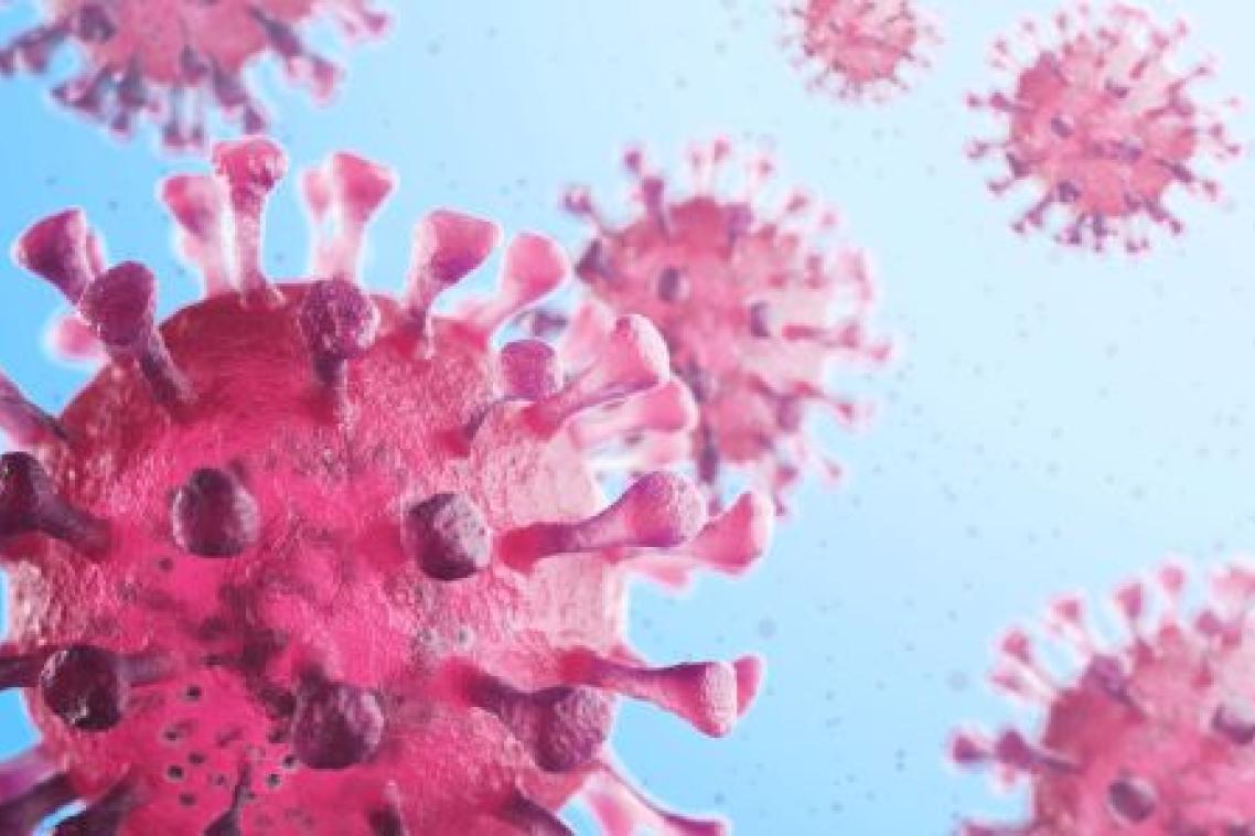 An illustration of red virus cells against a light blue background.