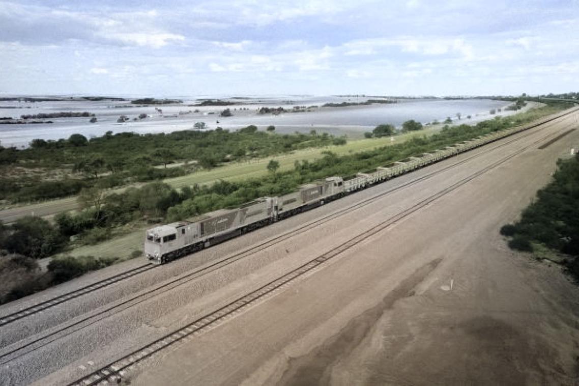 A long train travels on a track with fields and open country either side of it.