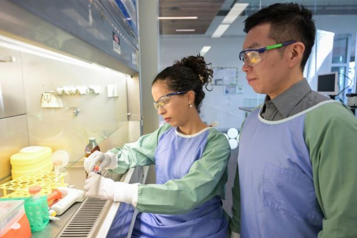Two scientists in lab coats and goggles working in a lab.