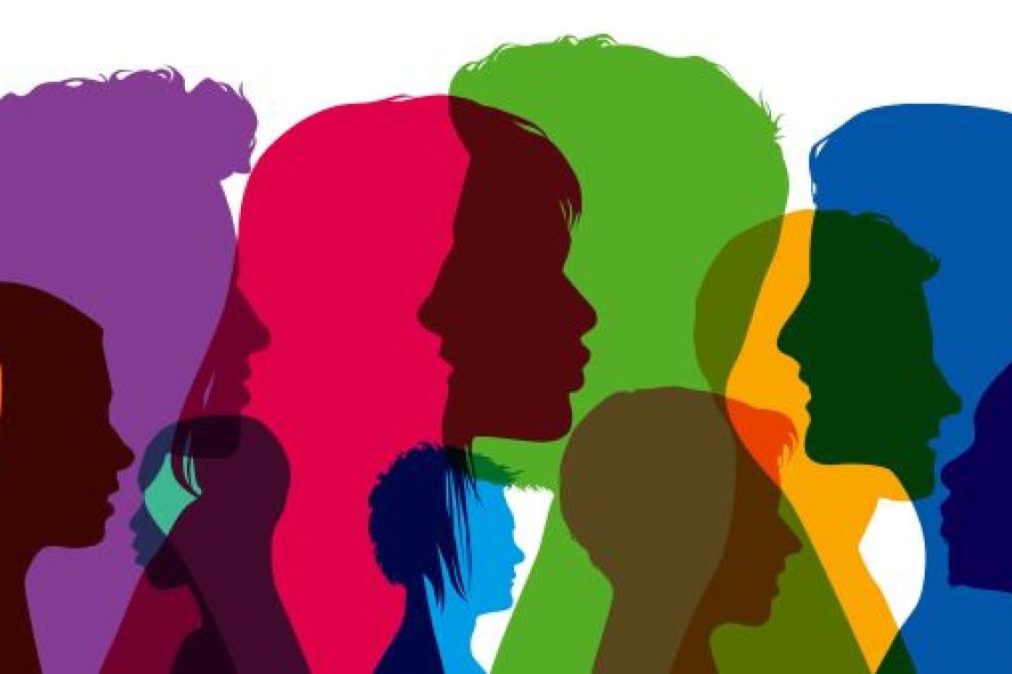 a series of overlapping silhouettes of heads in profile in different colours