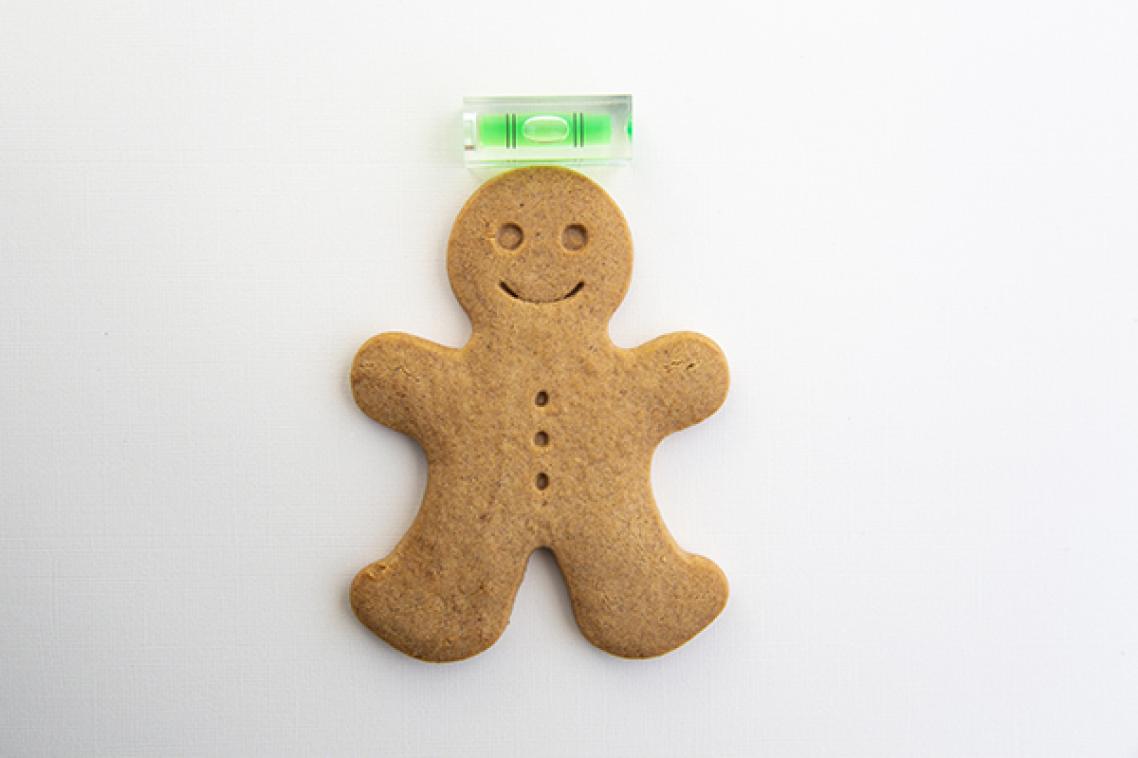 A gingerbread man underneath a spirit level.