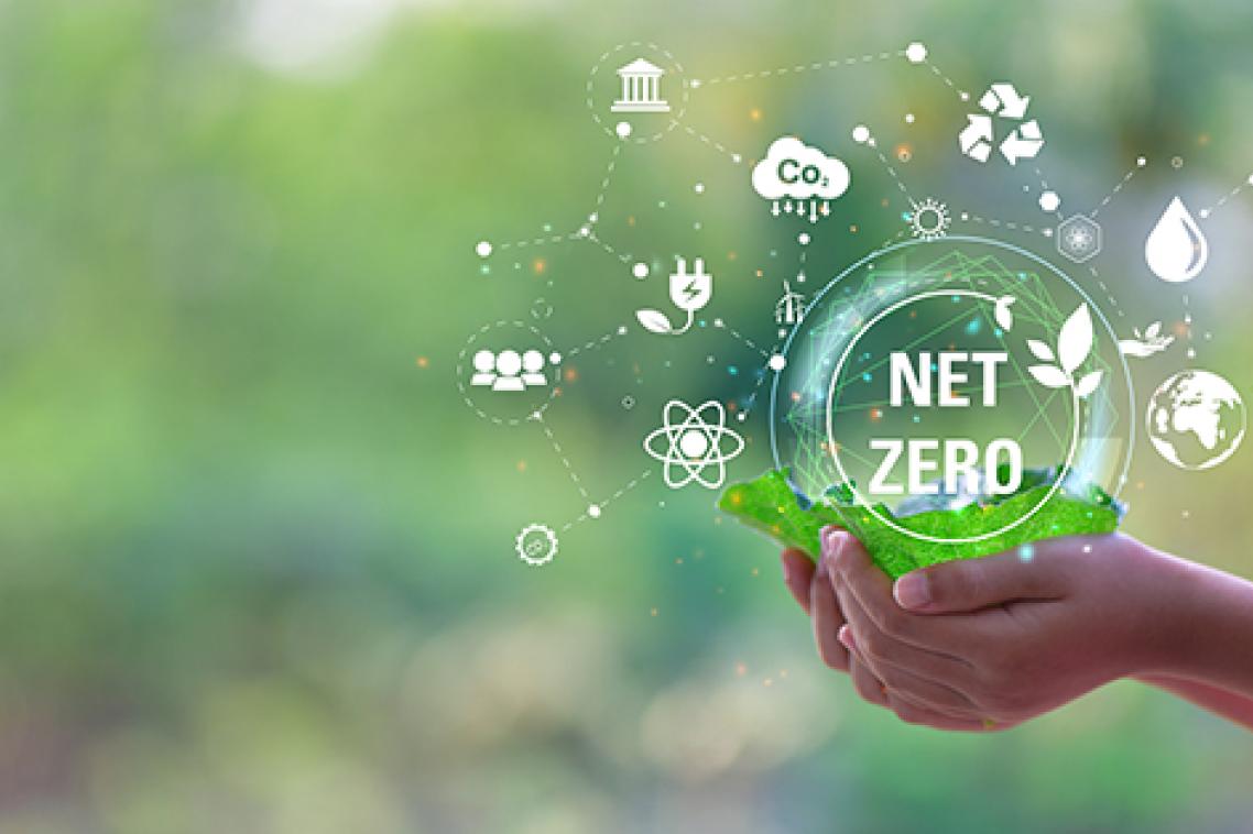 A hand holding a Net Zero graphic