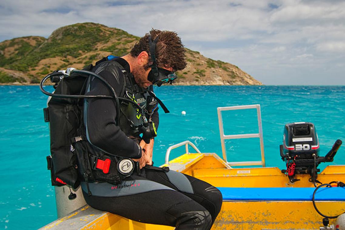 Mr Waldie prepares for a scuba dive off Lizard Island. Image: Tane Sinclair-Taylor