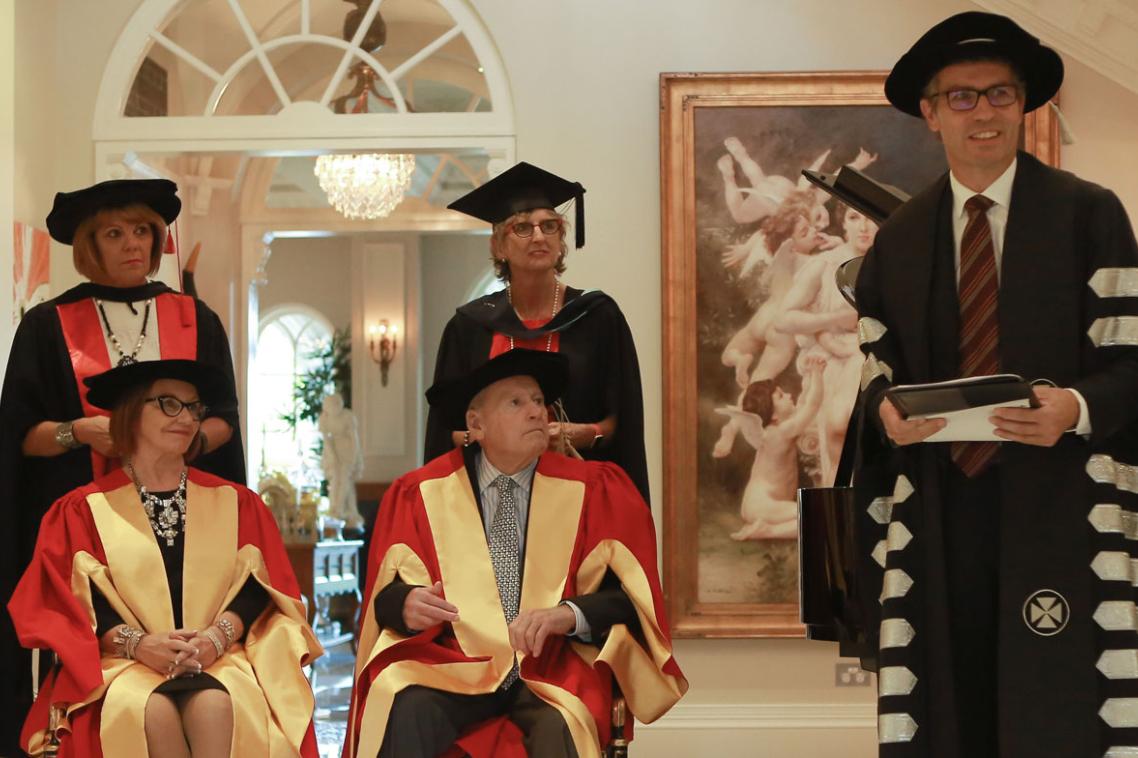 Greg Poche AO and Kay E. Van Norton Poche at their conferral ceremony in Sydney, with Pro-Vice-Chancellor (Indigenous Education) Professor Cindy Shannon (left), Pro-Vice-Chancellor (Advancement) Ms Claire Pullar, and Vice-Chancellor and President Professor Peter Høj.  Photo: Maja Baska 