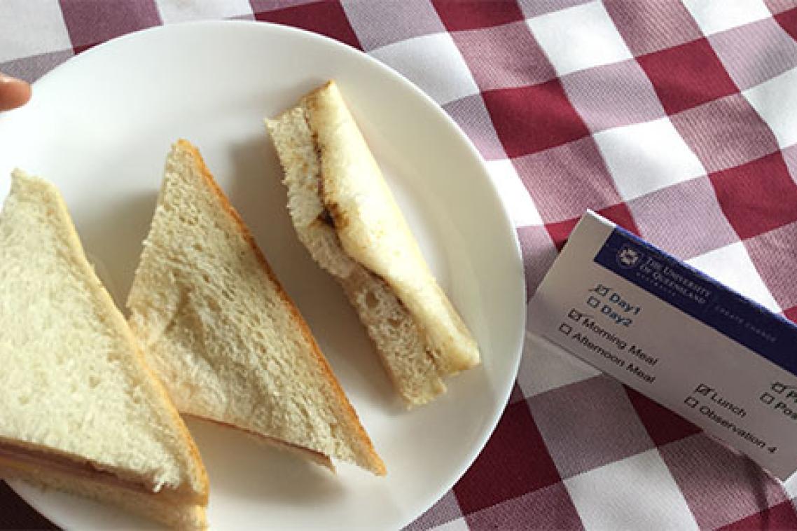 A plate of white, triangular sandwiches on a table with a red and white checkered table cloth