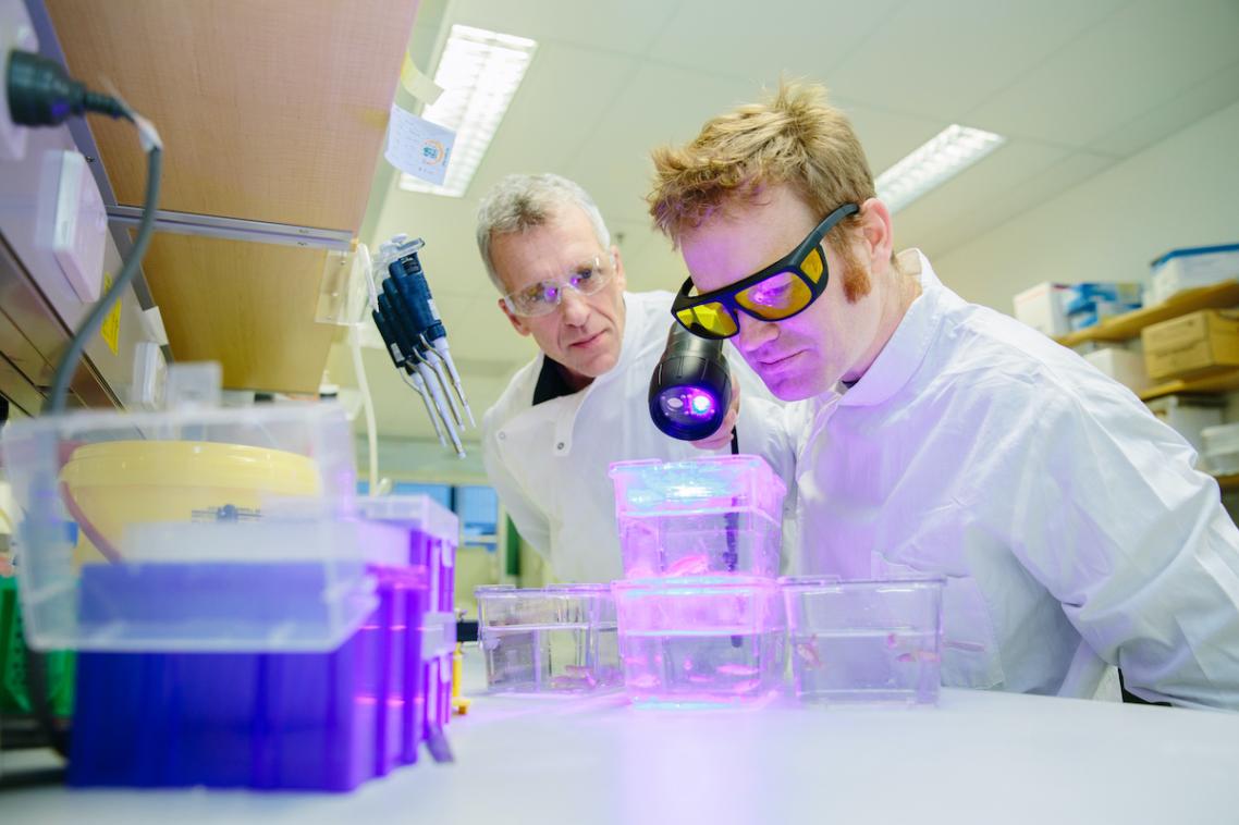 Professor Robert Parton in a lab with a colleague