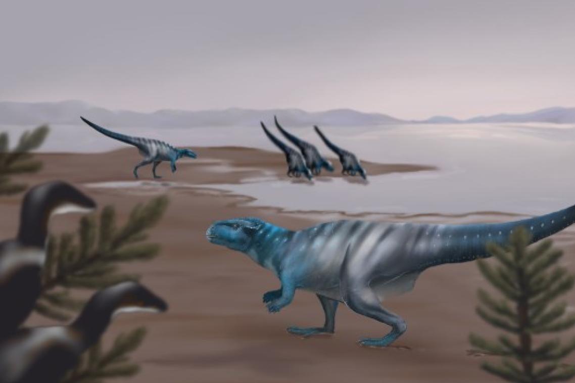 Reconstruction of Mount Morgan dinosaur track-makers on their ancient landscape. Credit Dr Anthony Romilio.