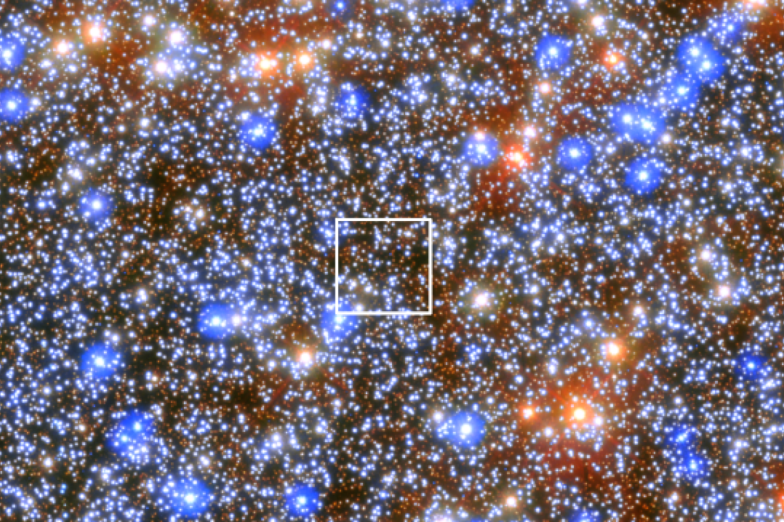 A new coloured ESA/Hubble image of Omega Centauri showing location of black hole. Credit: ESA/Hubble & NASA, M. Häberle (MPIA)