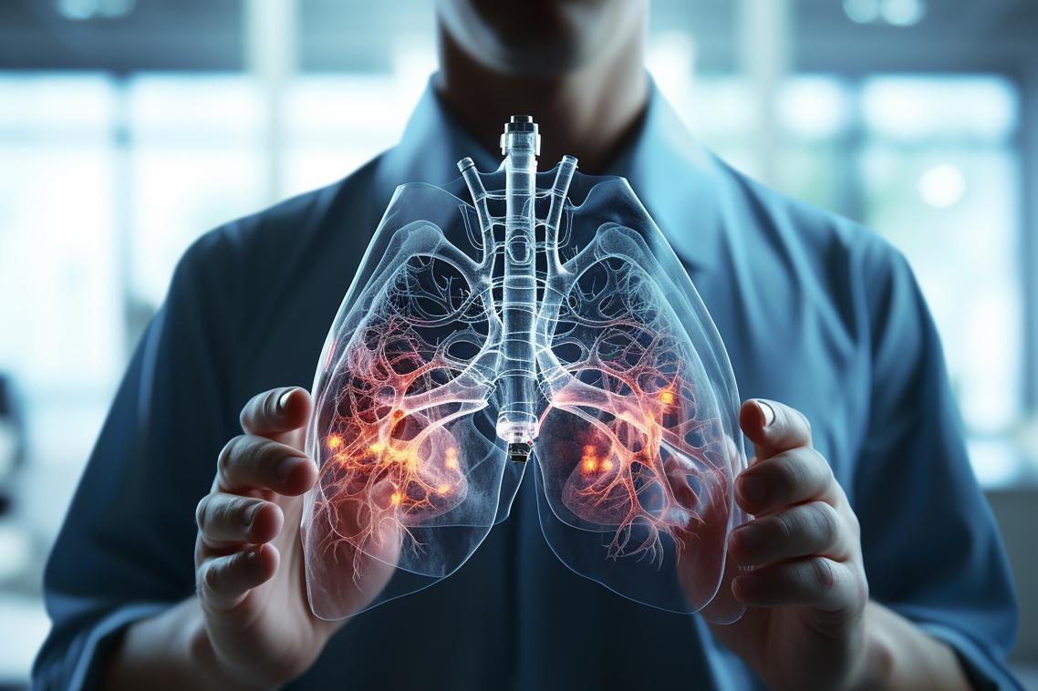 A man holds an animated model of a lung