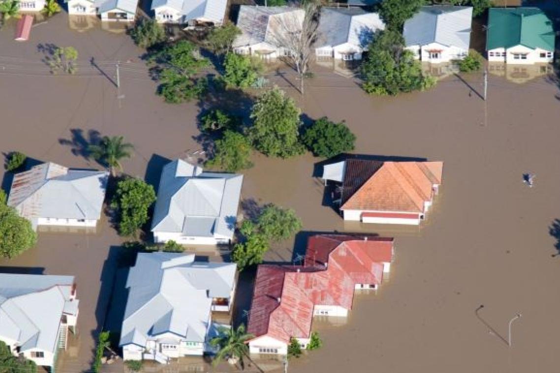 Aerial view of the rooves of houses in floodwater