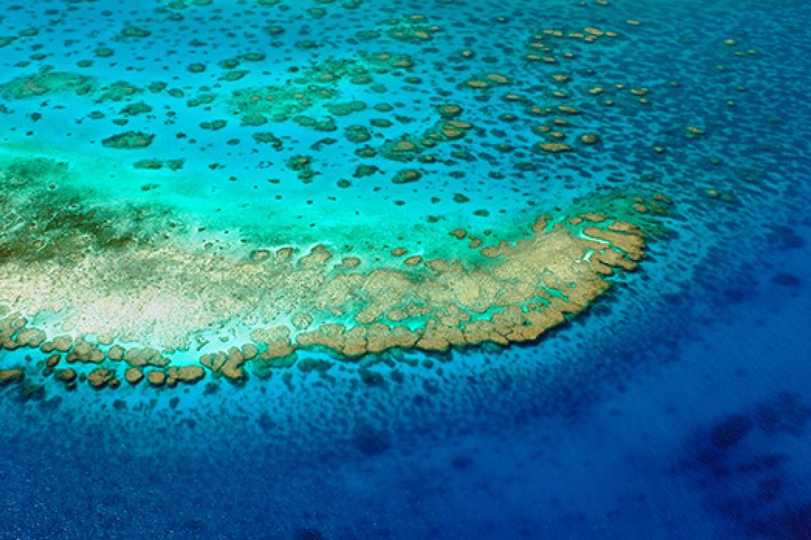 An aerial photo of turquoise and darker blue water around an area of the Great Barrier Reef.